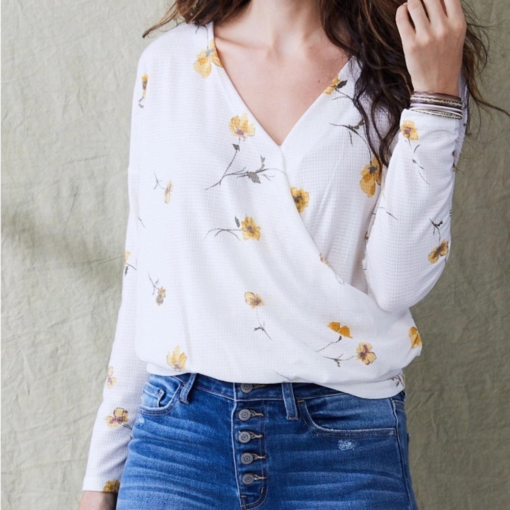 Women's True Wrap Blouse White Yellow Floral Long Sleeve V-Neck Surplice Neck